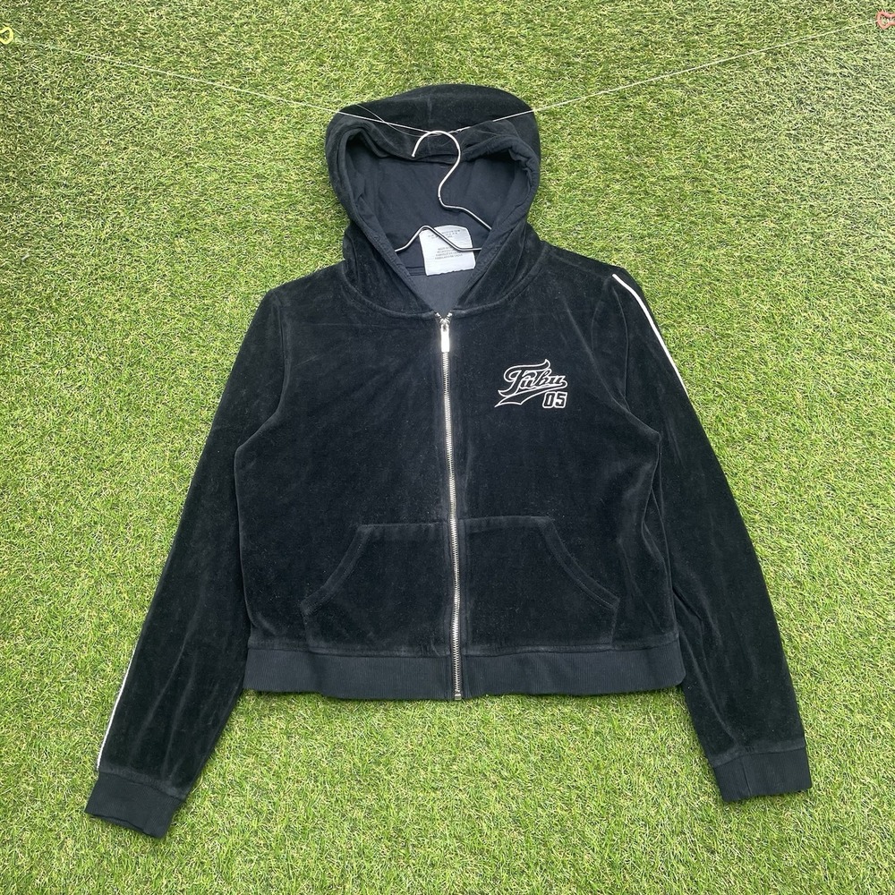 Vintage Fubu Velour Track Jacket Womens Medium Zip Up Cropped Hooded y2k Black